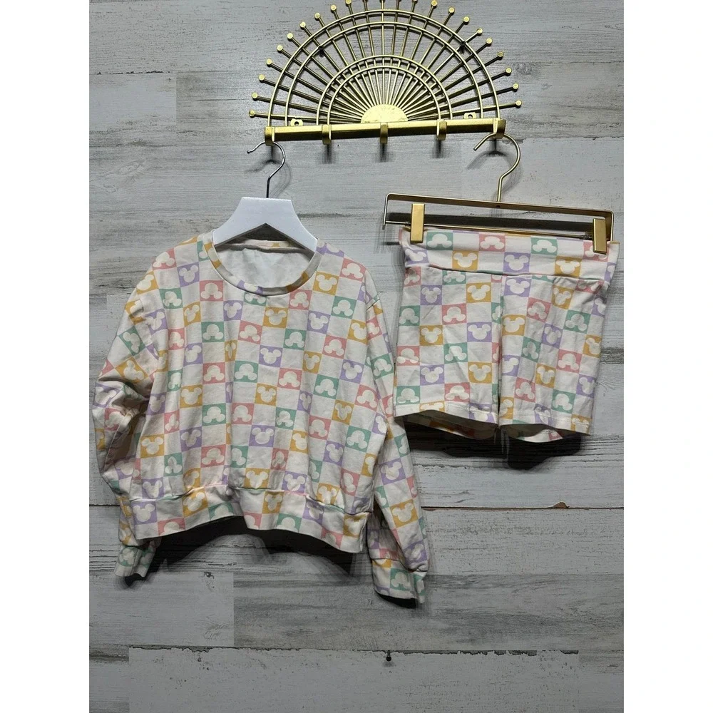 Happy Harlow 2-Piece Lounge Set Girls 8 Pastel Mickey Checkered EUC